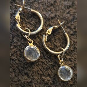 Gold Hoop Earrings with Clear Crystal Charm